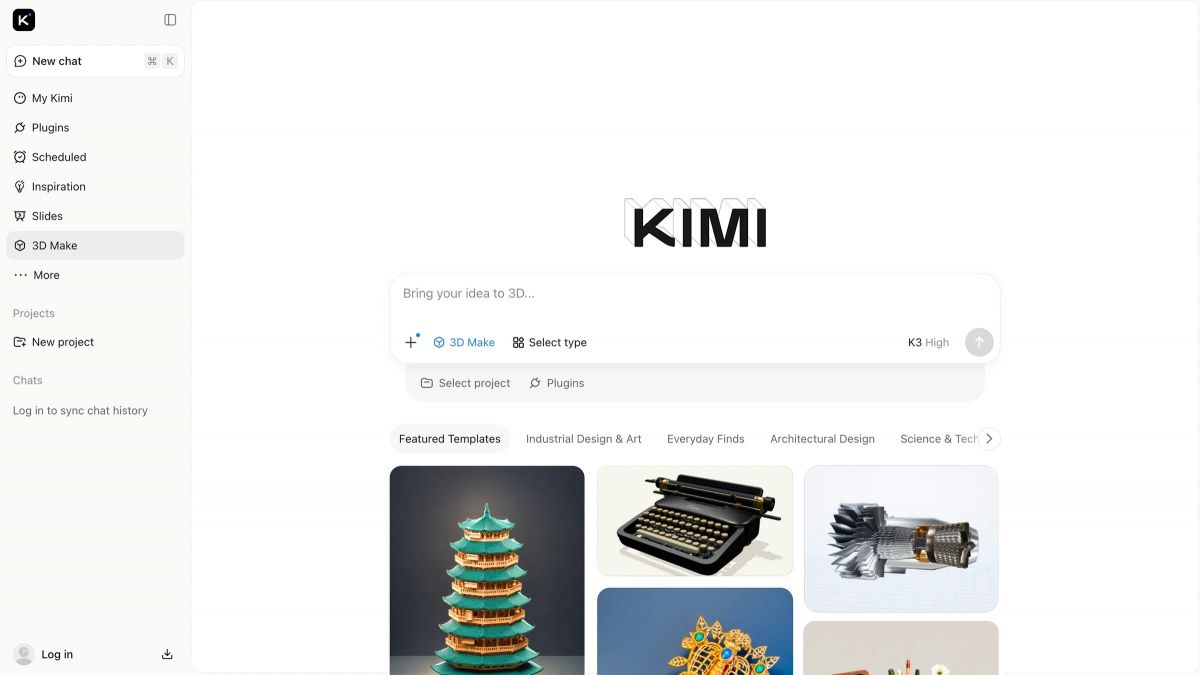 Интерфейс Kimi 3D Make с примерами трёхмерных моделей