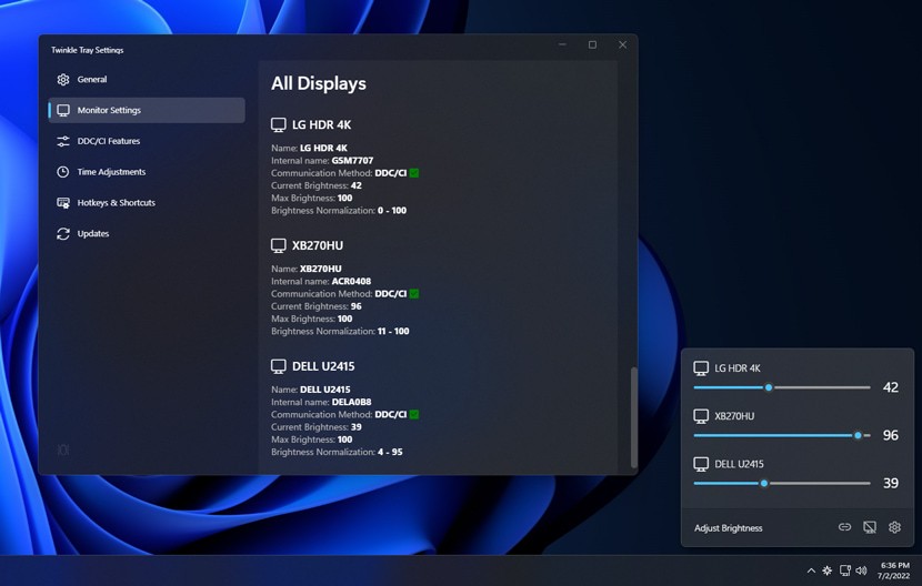 Twinkle Tray — ползунки яркости внешних мониторов в Windows 11