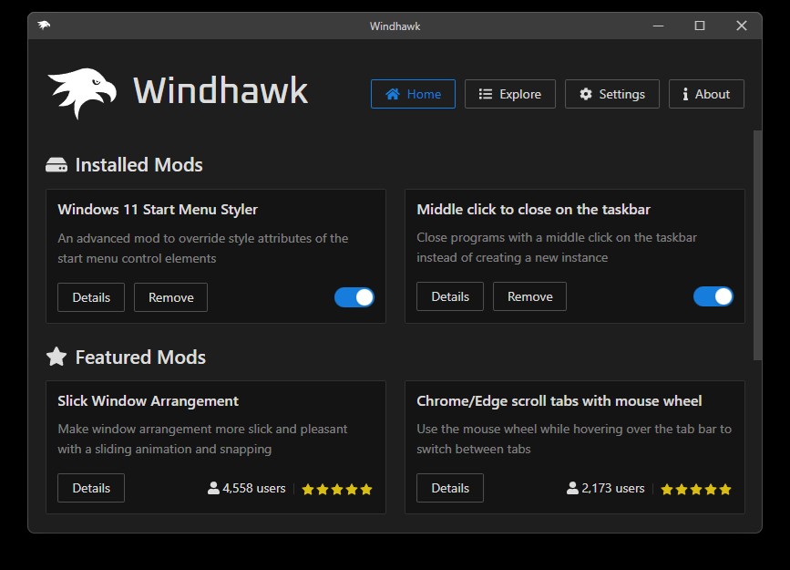 Интерфейс Windhawk с каталогом и установленными модами Windows